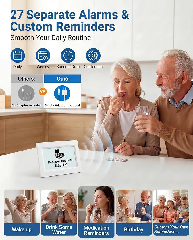 MASSII 27 Alarms Digital Talking Clock with Time Date Announcement, Auto DST, 20 Custom Reminders, 10-Level Dimmer, Sleep Trainer, Large Day Calendar Clock for Elderly Dementia Alzheimers -with Remote
