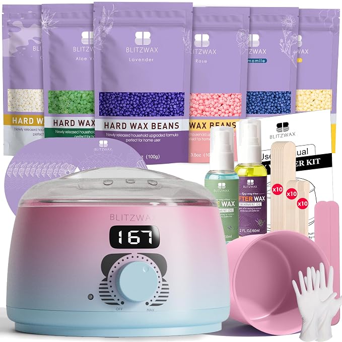 BLITZWAX Brazilian and Bikini Waxing Kit for Women, Hard Wax Warmer for Face, Legs and Body, At Home Hair Removal Kit, Beginner Friendly, Quick Heating, Pink and Blue Gradient Color