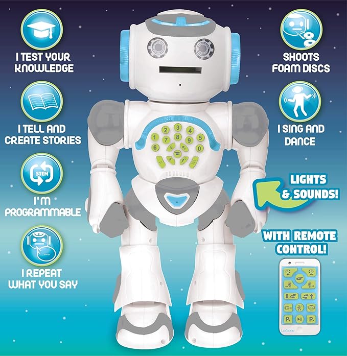LEXiBOOK Powerman Max, Remote Control Walking Talking Toy Robot STEM Programmable, Dances, Sings, Tells 10,000 Stories, 300+ Learning Quiz, Shooting Discs and Voice Repeat for Kids 4+ ROB80US