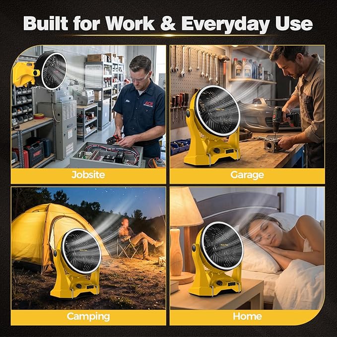 Fan for DeWalt 20V Max Battery, Portable Jobsite Camping Fan with Infinite Speed Control, 3-Level Ring Light, USB-C and USB Charging, Hook, Handle, 180° Tilt for Outdoor Use, Battery Not Included