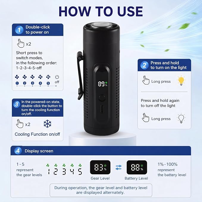 Portable Handheld Fan with Ice Cooling Plate, 3 in 1 Mini Personal Fan with Light & Clip, 5 Speed Rechargeable Fan with LED Display & Hidden Stand, Hands Free Camping Fan for Travel, Desk (Black)