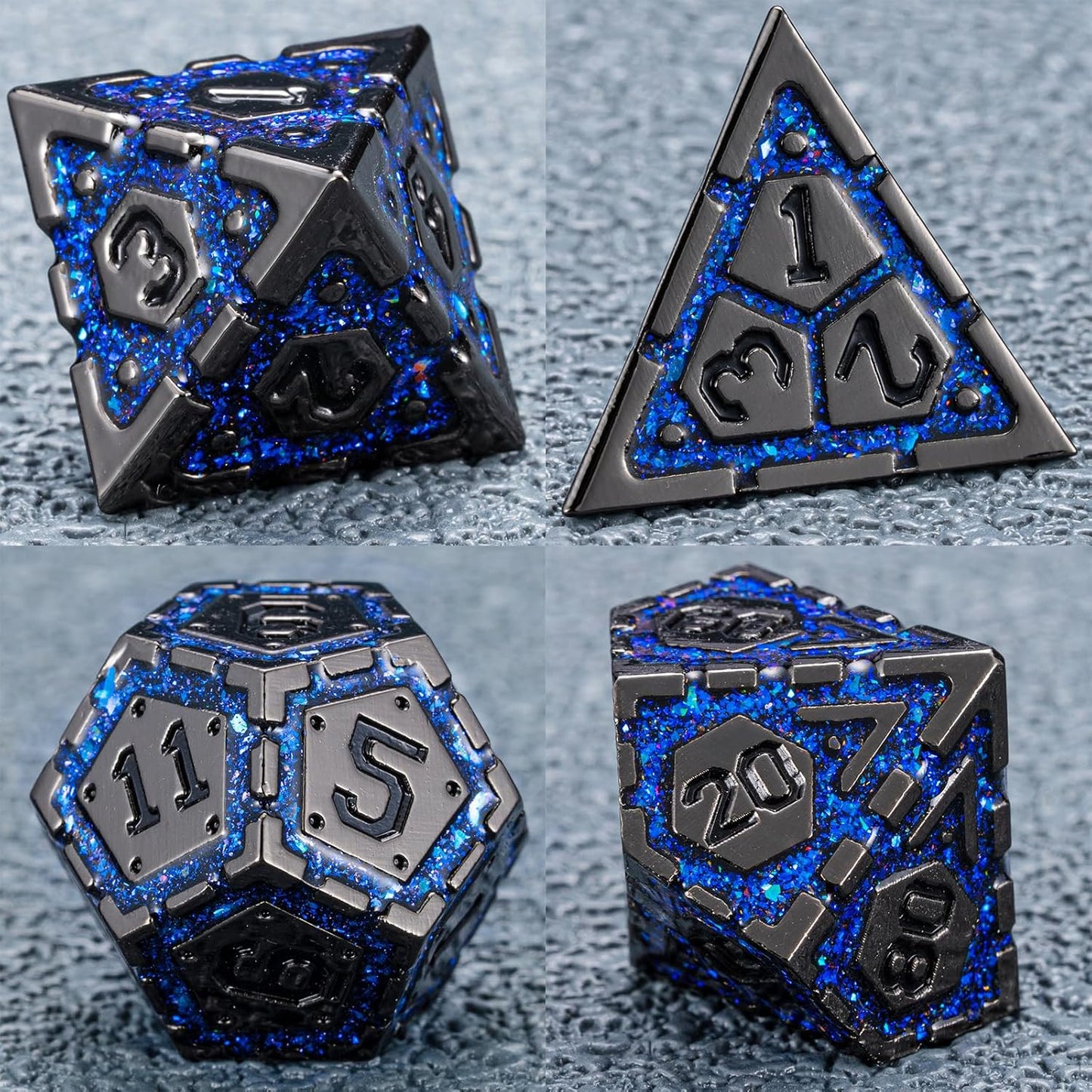 DND Metal Dice Set with Cracks, Polyhedral Dice for RPG D&D Dungeons and Dragons RPG TTRPG D and D 7-Die with Gift Case (Black Nickel Sapphire Blue)
