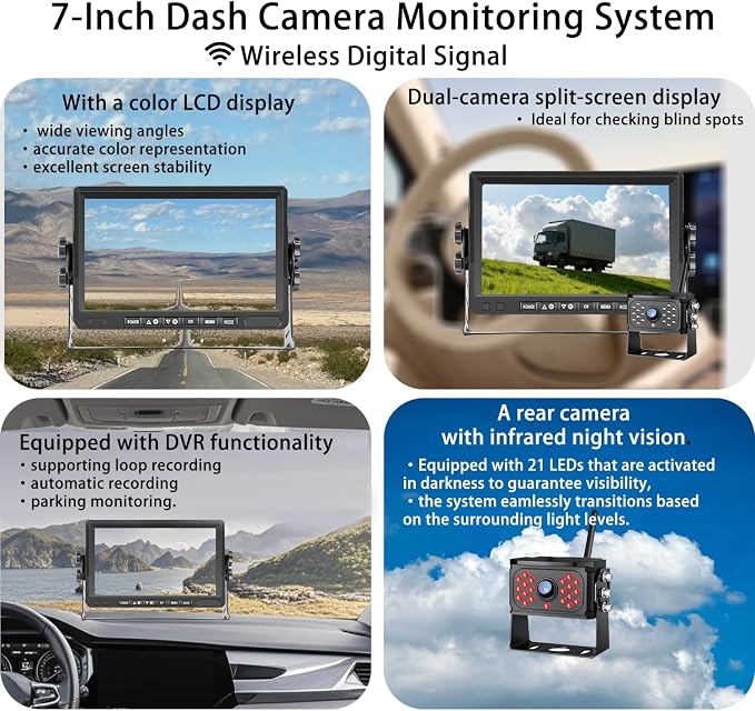 Wireless Backup Camera – Plug & Play, Pre-Wired for Furrion, 4-Channel Split-Screen, 1080P HD 7" Monitor, Wide View & Night Vision & Recording, for Trailer/Camper/Motorhome (1 Camera)