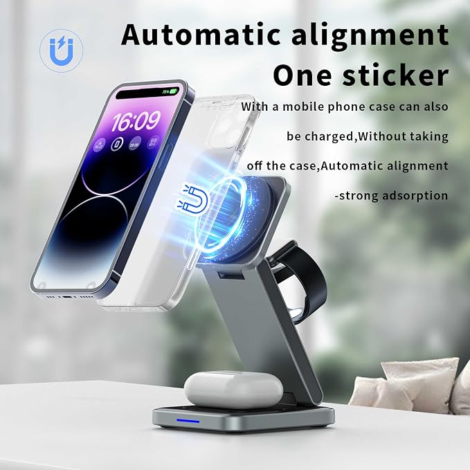 SIMPKEELY 3-in-1 Magnetic Wireless Charging Station, 15W Fast Charger Stand for iPhone/Apple Watch/AirPods, Foldable Design (White)