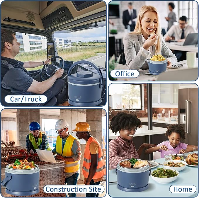 Electric Lunch Box for Adults 40 oz Portable Food Warmer 12V/24V/110V/220V Heated Lunch Box for Work, Office, Car, Travel, Home Use (Blue)