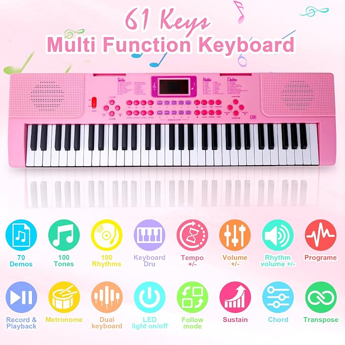 Kids Keyboard Piano, 61 Light-up Key Electric Piano Musical Learning Toy for Beginners with Microphone, Music Stand, Notekey Sticker, Birthday Xmas Gift for 3-10 Years Old, Pink