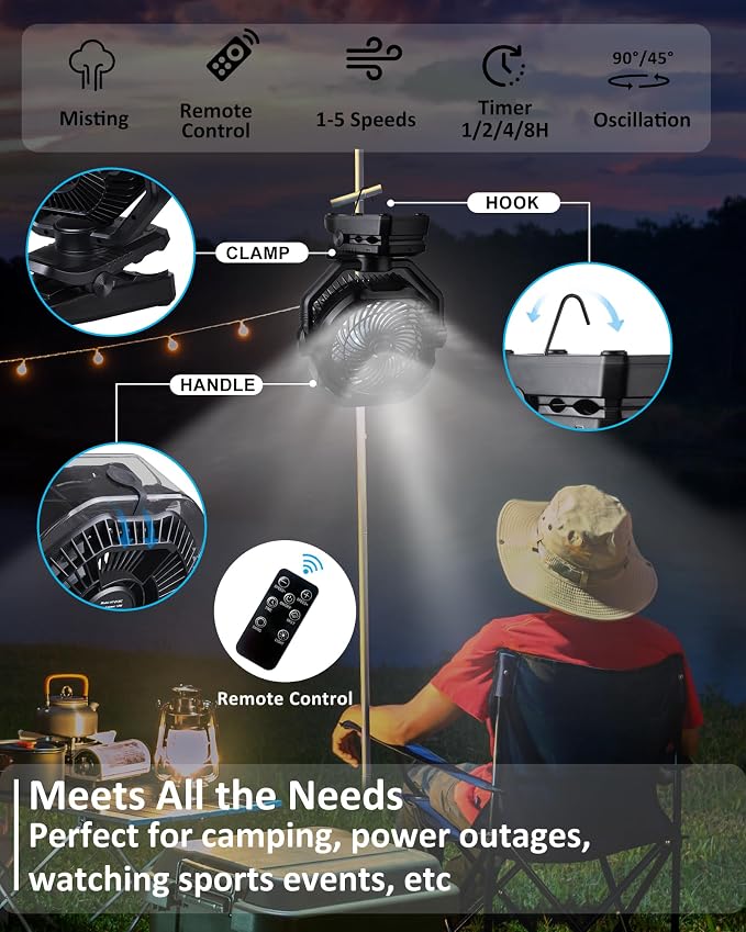 Portable Rechargeable Misting Fan with 12oz Mist, Battery Life Display, Remote, Timer, Light, 5 Speeds, 9-Inch, 20000mAh 120H Battery Powered Clip Fan for Stroller, Travel, Outdoor, Poweroutage