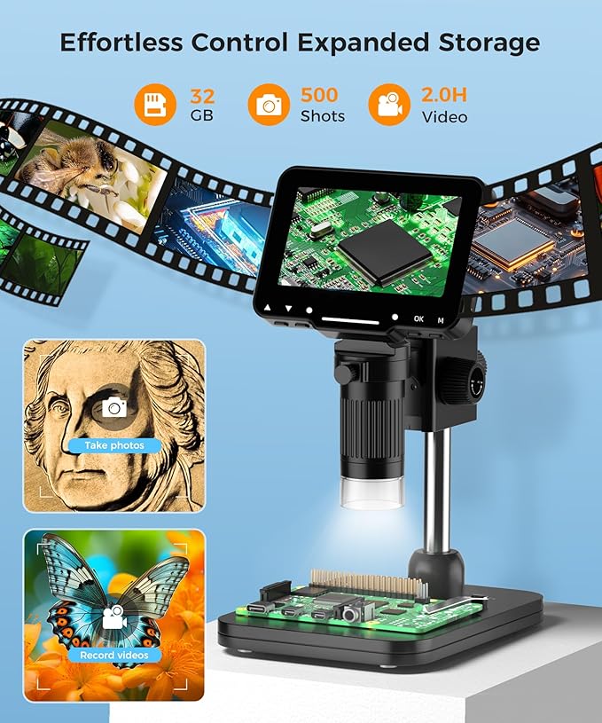 LCD Digital Microscope,4.3 Inch 1080P 10 Megapixels,10MP Camera Video Recorder with HD Screen,1-1000X Magnification Zoom Wireless USB Stereo Microscope Camera,