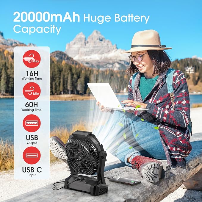 ONLYNEW Portable Fan Rechargeable, 20000mAh Cordless Battery Powered Fan with LED Lantern, Battery Operated for Travel Bedroom Home Camping Tent Office Beach Desk Fishing Table (Black)