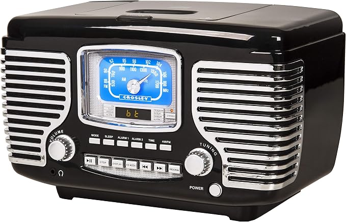 Crosley CR612B-BK Corsair Retro AM/FM Alarm Clock Radio and CD Player with Stereo Bluetooth Speakers, Black