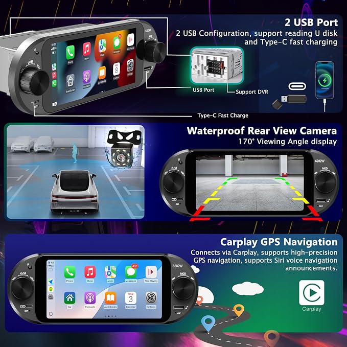 6" Single Din Touchscreen Car Stereo with Wireless Apple CarPlay & Android Auto,Dual Knobs,Bluetooth 5.2, FM/AM,EQ, USB,Type-C Fast Charging,8-LED Night Vision Backup Camera,Carplay Screen for Car