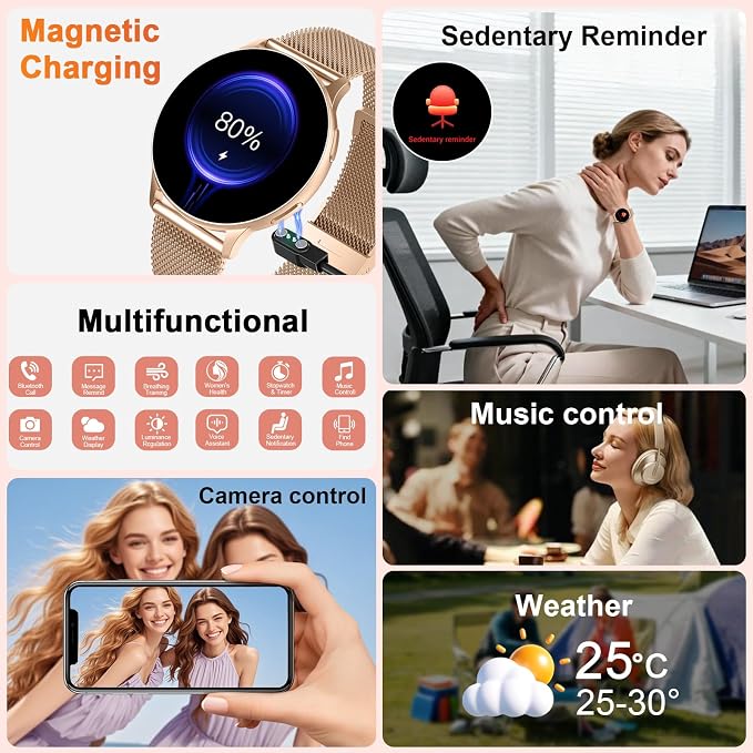 Jugeman Smart Watches for Women, Fashion Womens Watch for Daily Wear with Step Heart Rate Sleep Tracking, IP68 Waterproof Lightweight Wrist Smartwatch for Work Travel Fitness, Gifts for Women (Gold)