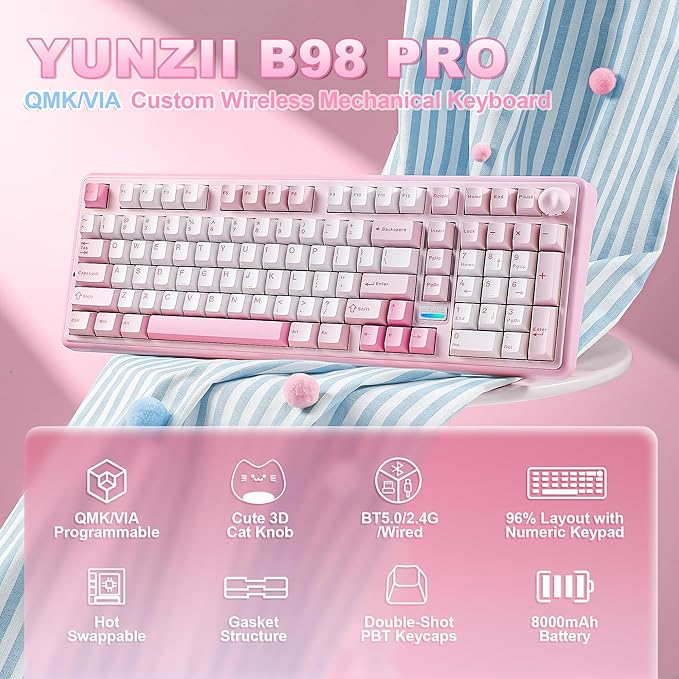 YUNZII B98 PRO QMK/VIA Wireless Mechanical Gaming Keyboard,96% Layout with Numpad and Cute Cat Knob, BT/2.4G/USB-C,Linear Switch Hot Swap Gasket,RGB for Win/Mac (Pink, Candy Linear Switch)