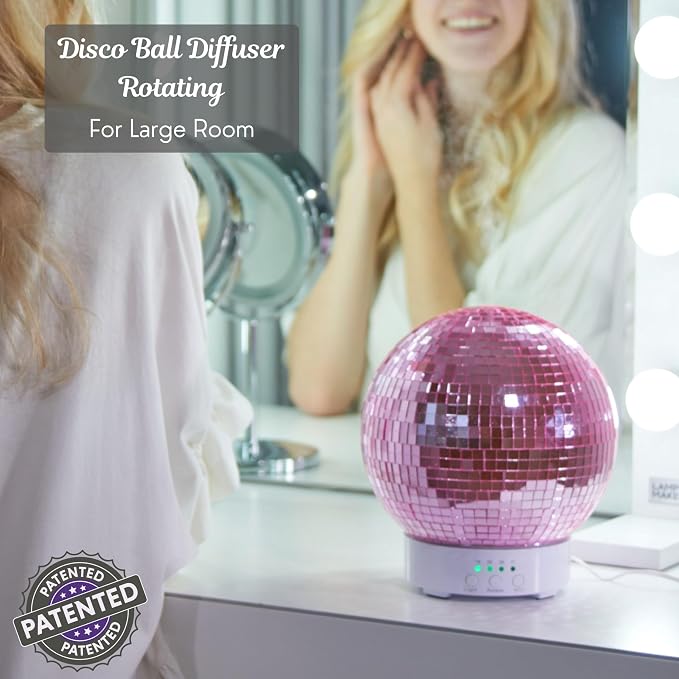 SCANDINORDICA Disco Ball Diffuser Rotating - 300 ML Essential Oil Diffuser with Whisper Quiet Operation, Night Lights, Cute Maximalist Disco Ball Decor | Aromatherapy Diffuser for Large Room Pink