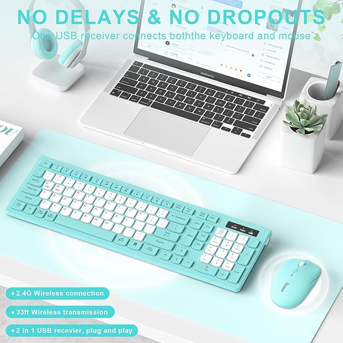 Wireless Keyboard and Mouse Combo, Full-Sized Quiet Wireless Keyboard and Adjustable DPI Mouse, 2.4GHz USB Receiver, Keyboard and Mouse for PC, Windows, Desktop, Laptop (Tiffany Blue and White-B)