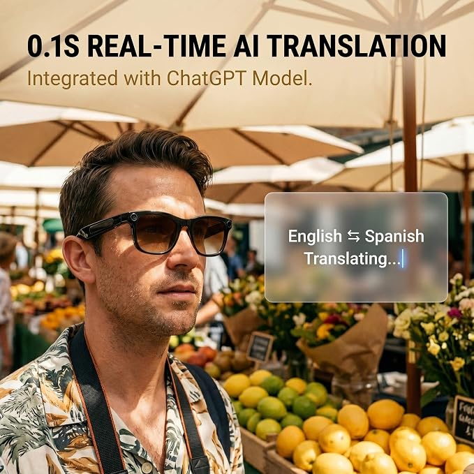 EarlySincere Smart Glasses with 4K Camera & EIS, Audio Video Recording Glasses with Live Translation Voice Assistant, Gradient Tea Sunglasses Lenses, UV400 Protection TR90 Frame