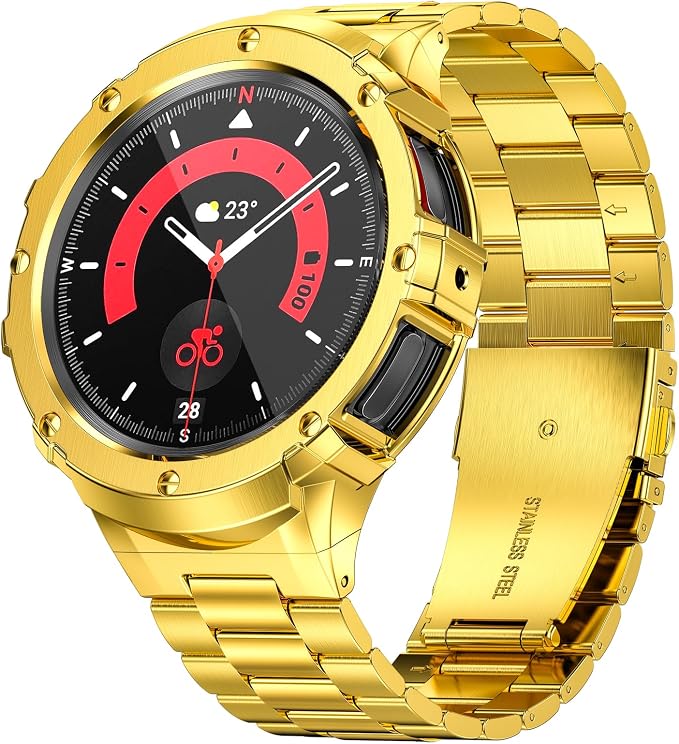 SUPLINK Stainless Steel Case Band Compatible with Samsung Watch 5 Band/Samsung Watch 4 Bands 44mm,Rugged Metal Protective Cover Strap for Men,Gold