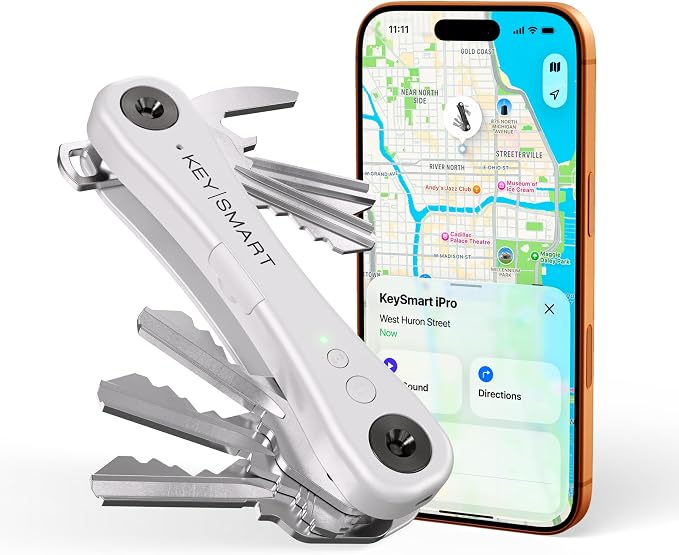 KeySmart iPro - Key Finder Locator with Sound, Keychain Key Holder, Apple Find My App Compatible, Key Organizer, Compact Clutter-Free Key Chain Tracker, Rechargeable Battery (Up to 14 Keys, White)