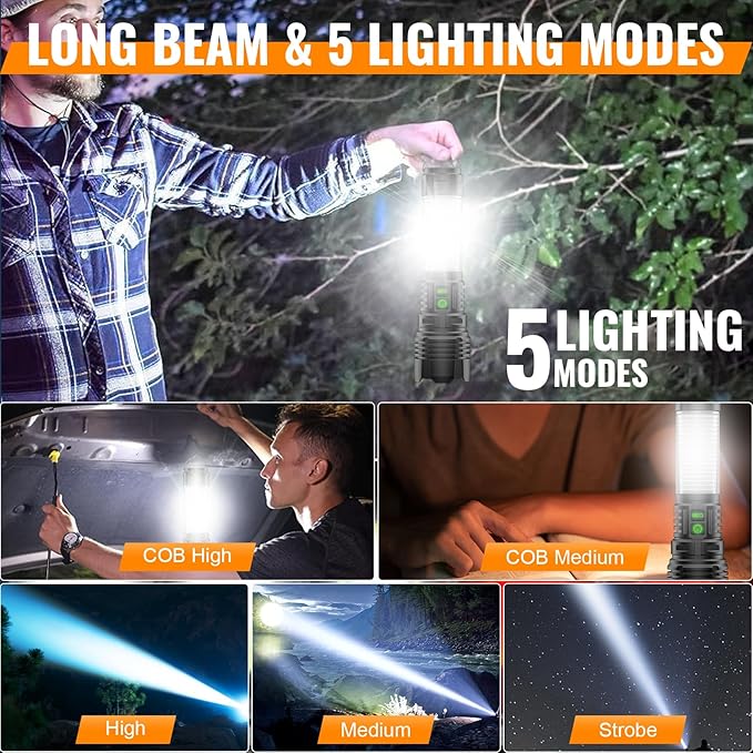 Hoxida Rechargeable Camping Lanterns Flashlight High Lumens- 2000 Meters Long Beam Super Bright LED Flashlight, Waterproof Camping Tent Lights 5 Modes, Zoomable Camp Flashlight Lantern 2pcs