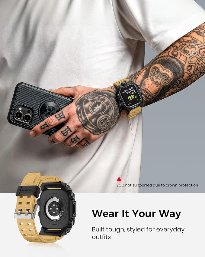 amBand Rugged Case with Band for Apple Watch 46mm, Compatible with Apple Watch (iWatch) Series 10 11, Military Grade Shockproof Bumper Cover, Tactical Band for Men, Sand Beige