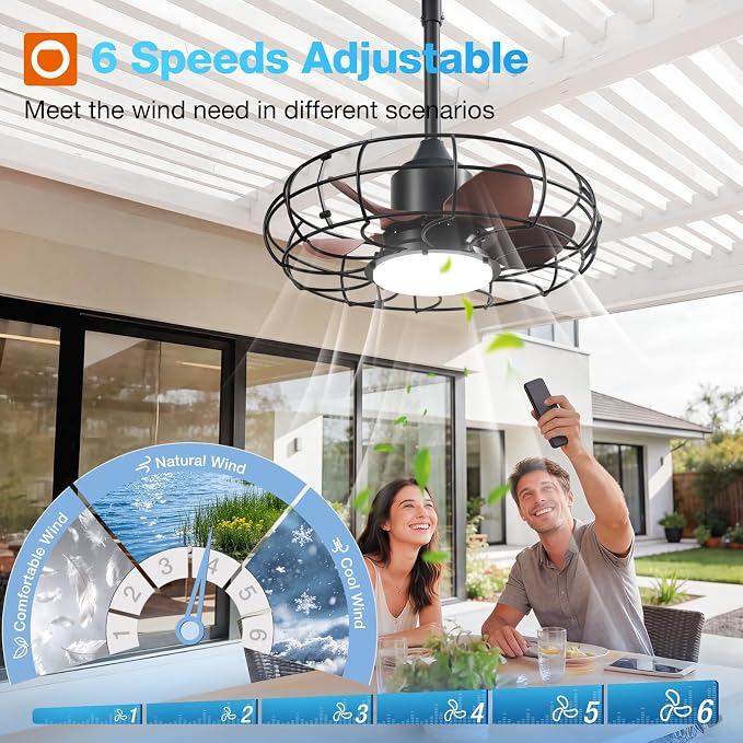 addlon 20 Inch Outdoor Ceiling Fan with Light for Patio, IP65 Waterproof Plug in Caged Hanging Fan, Remote Control, 3000-6000K Dimmable, 6 Speeds Reversible Outdoor Fan for Gazebo, Pergola, Porch