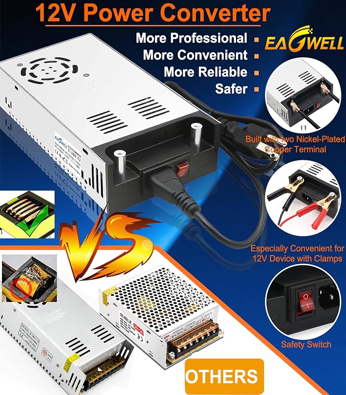 EAGWELL New Version 110V to 12V Converter 12V Power Supply 360W 30A | Universal Switching DC Power Supply for RV, Pump, LED Strip, LCD Monitor,Diesel Heater,3D Printer,CCTV,Computer Project