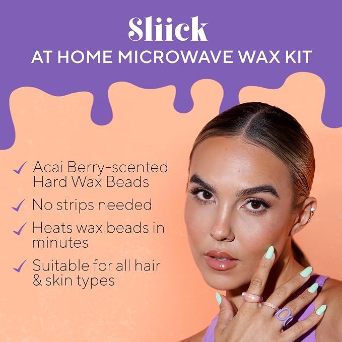 Sliick At Home Waxing Kit for Women – Acai Berry Scent, Hard Wax Kit for Hair Removal, Microwave Melting Cup, Applicator & Beads, At Home Wax Set