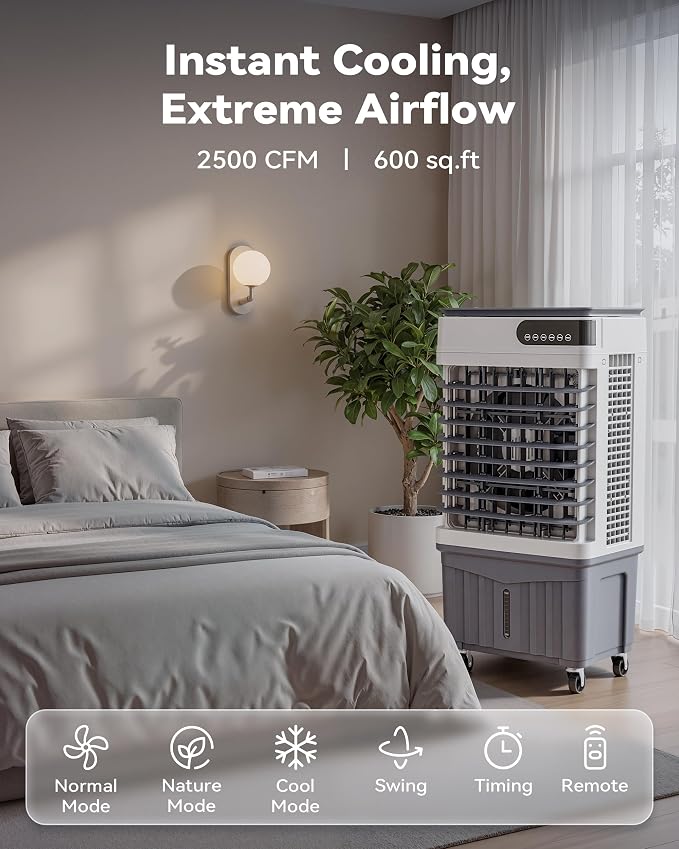 Swamp Cooler Air Conditioners, 2500 CFM Large 9-Gal Tank for 3d Cooling, 4-IN-1 Portable Evaporative Cooler with LED Touch Screen, 3 Fan Speeds,12H Timer and Remote, 650 sq ft, Ideal for Large Rooms