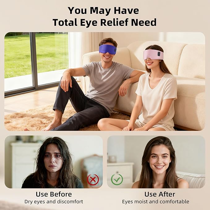 Heated Eye Mask for Dry Eyes, Cordless Warm Eye Compress 120-Min Battery, FSA - HSA Eligible, Eye Strain Relief, Washable Silk Travel Eye Mask with Extra Cover for Better Sleep (Pink & Purple)