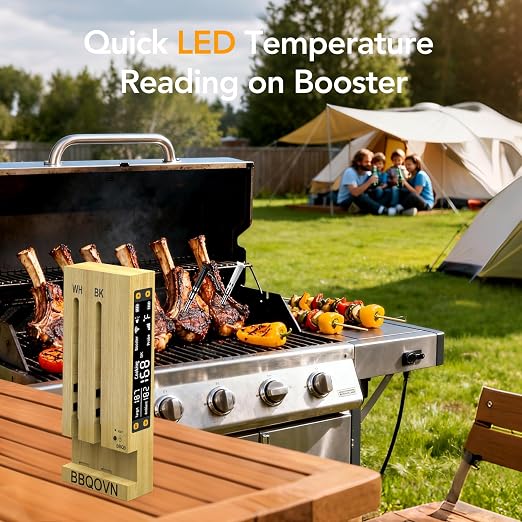 BBQOVN Smart Wireless Meat Thermometer,WiFi Unlimited Range Sub-1G (10X Stronger Than Bluetooth) 7 NIST-Certified Sensors ±0.5°F Accuracy with Smart Base for BBQ (Honey Bamboo, 1PACK)