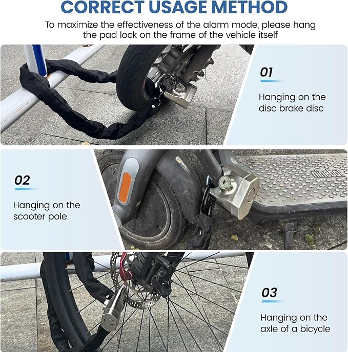 Bike Chain Lock with Alarm 130dB, Heavy Duty Motorcycle Locks Anti Theft 3.3FT, 8mm Hardened Steel Chain with Mini U Lock for Bicycle, Motorcycle, Scooter, Gate