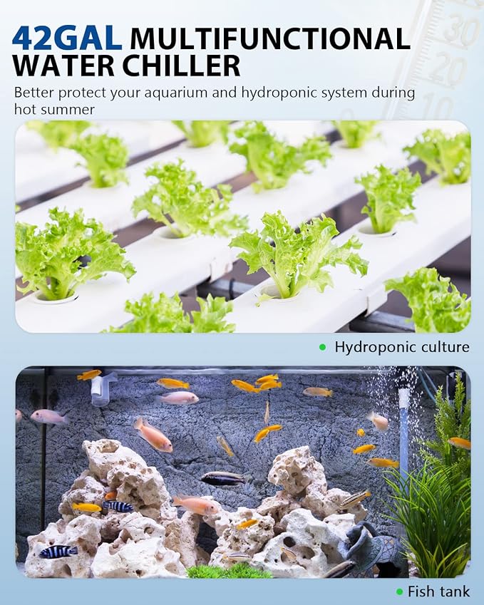 BAOSHISHAN 1/10 HP Aquarium Chiller 42 Gallon 160L Water Cooling System | Quiet Compressor Refrigeration, Includes Pump and Tubing, 110V, Ideal for Hydroponics, Axolotl and Reef Tanks