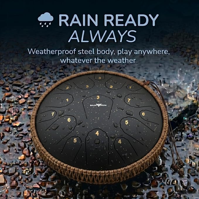 Balmy Drum Steel Tongue Drum 14 inch 15 Notes 440Hz, Handpan Drum with Music Book, Mallets, Carry Bag, Finger Picks, Rain Drum for Outdoor, Meditation Yoga Calming Instruments for Adults Kids (Black)