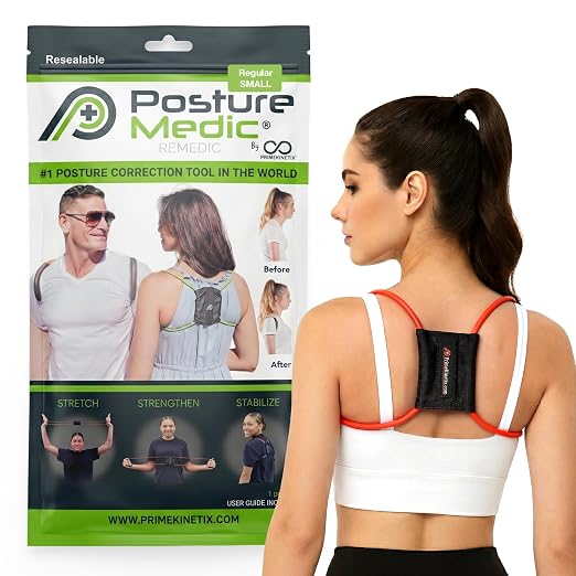 PRIMEKINETIX PostureMedic Dynamic Posture Corrector - Active Resistance Training System for Upper Back Strengthening & Shoulder Alignment - Stretches Chest, Strengthens Back - Doctor Recommended - Size S (Red)