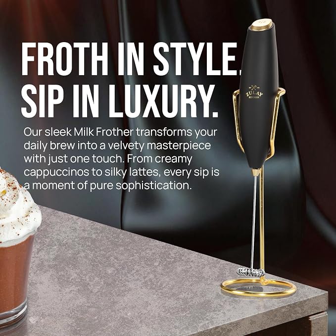 Zulay Kitchen Powerful Milk Frother Wand With Duracell Batteries - Ultra Fast Handheld Drink Mixer - Electric Whisk Foam Maker for Coffee, Lattes, Cappuccino & Matcha - Z1 Motor - Exec Black Gold