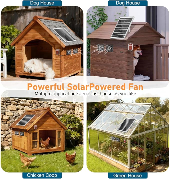 Solar Powered Fan Kit with Battery, Solar Powered Fan for Shed & Greenhouse, for Intake or Exhaust Vent Cooling for Chicken Coop, Dog House