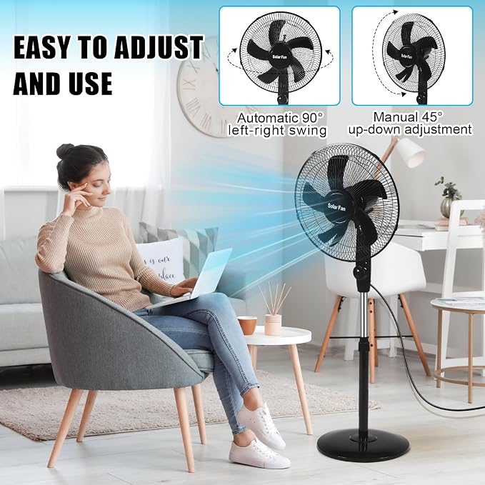 Blosssound 16 Inch Portable Solar Floor Fan Rechargeable Oscillating Standing Pedestal Fan with Solar Panel, 12000mah Battery, Two Charging Methods, 3 Speeds for Home Office Outdoor (Black)