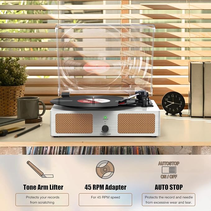 Vinyl Record Player with Built-in Speakers and USB,Belt-Driven Bluetooth Turntable with 3 Speed AUX Input Headphone Jack and RCA Output Vintage Wooden White