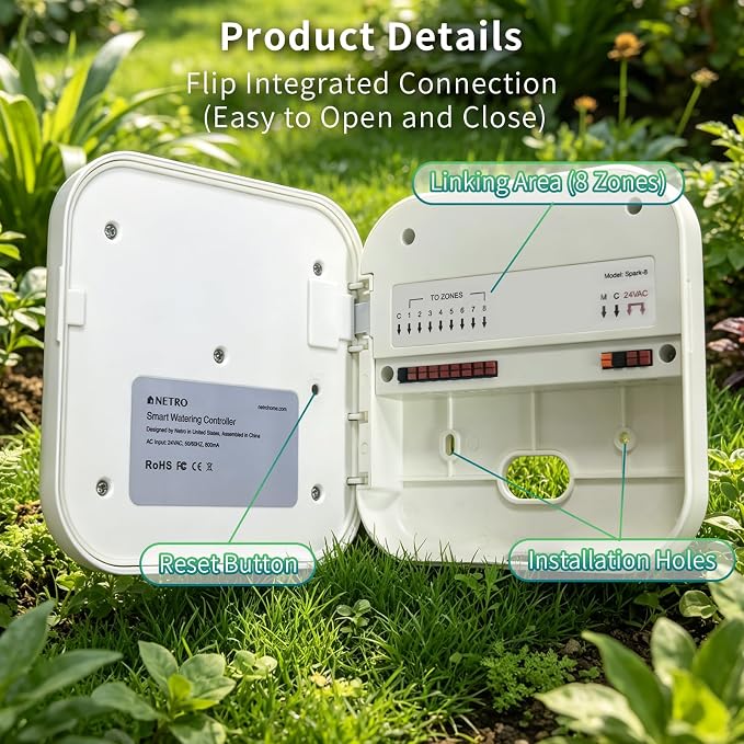 Netro Smart Sprinkler Controller 8 Zones WiFi Sprinkler Controller App-Based Irrigation System Controllers for Garden Lawn Weather Service Plant Database Rain Skips Compatible with Alexa, White