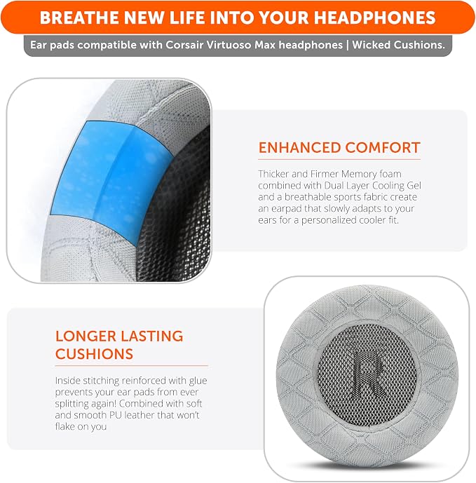 WC Freeze V2 Virtuoso Max - Cooling Gel Earpads for Corsair Virtuoso Max by Wicked Cushions | Extreme Comfort, New Freeze V2 Cooling Fabric, Extra Thick | Silver