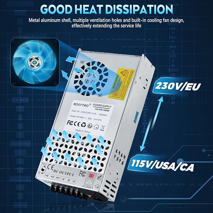 60V 10A 600W DC Switching Power Supply, Universal Transformers AC110V/220V (SMPS), Upgraded Output Port with Power Cord, 60 Volt Power Supply for 3D Printer, CCTV Camera Security System