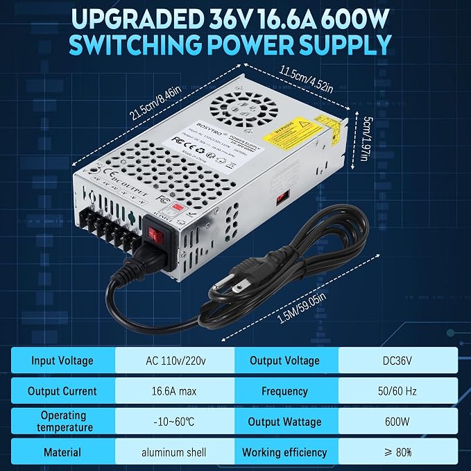36V 16.6A 600W DC Switching Power Supply, Universal Transformers AC110V/220V (SMPS), Upgraded Output Port with Power Cord, 36 Volt Power Supply for 3D Printer, CCTV Camera Security System