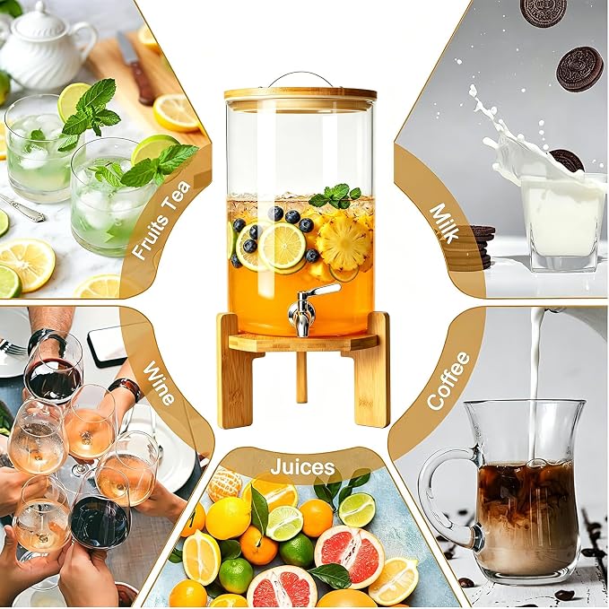 Beverage Dispenser, 2.1Gallon Glass Drink Dispenser with Stand, Stainless Steel Spigot, Ideal for Parties, Bars, Restaurants (8L/2.1 Gallon)