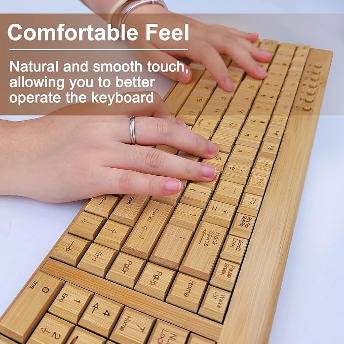 Smart Tech Handcrafted Natural Bamboo Wooden PC Wireless 2.4GHz Keyboard and Mouse Combo