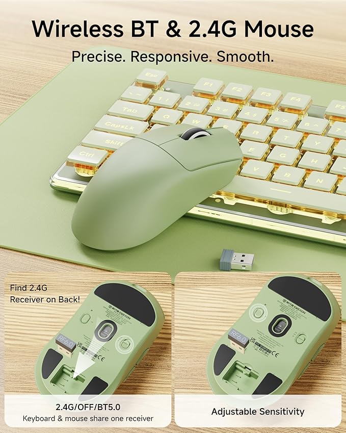 SEUNKWANG V3 Wireless Keyboard and Mouse Combo, Bluetooth/2.4G Rechargeable Light up Quiet Computer Keyboard and Mouse with White Backlit, Metal Panel Cute Keyboards-Green