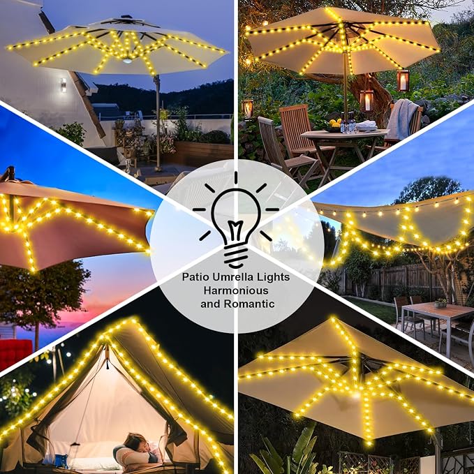 Solar Umbrella Lights, 8 Strands Patio Umbrella Lights Outdoor with 8 Modes 3V Solar Panel Clip 112 Led Outdoor Waterproof for Beach Deck Garden Camping Tents Party Decoration(Warm White)