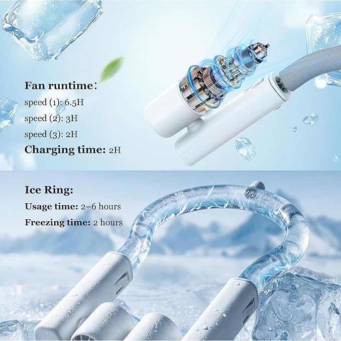 Portable Neck Fan with Ice Ring - Rechargeable Personal Hands-Free Wearable Fan with 3 Adjustable Speed | Cooling Quiet Fan for Home Office Travel Camping Outdoor, Birthday Gifts for Men Women Mom Dad