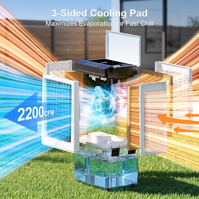 Uthfy Swamp Cooler Air Conditioner, 2200 CFM Evaporative Cooler with 8 Gal Detachable Water Tank & 4 Ice Packs, 120° Oscillation, 3 Speeds, Remote & 12H Timer, 40" Portable Outdoor AC for Bedroom