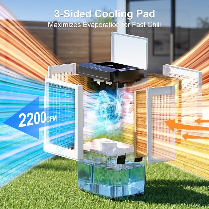 Uthfy 2200 CFM Swamp Cooler, 40" Evaporative Air Cooler with 8 Gal Detachable Water Tank, 120° Oscillation, 3 Speeds, Remote, 12H Timer, Portable AC for Bedroom Garage Patio