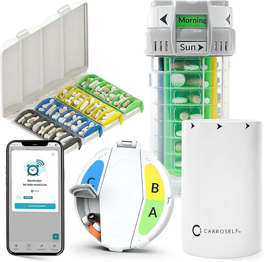 Pill Dispenser with App Reminder – Full Set Easy-to-Use Vitamin Dispenser with 4 Daily Doses, Large Medication Bottle Organizer with to-Go Box, Pill Cutter & 4 Extra Cartridges | No Batteries Needed